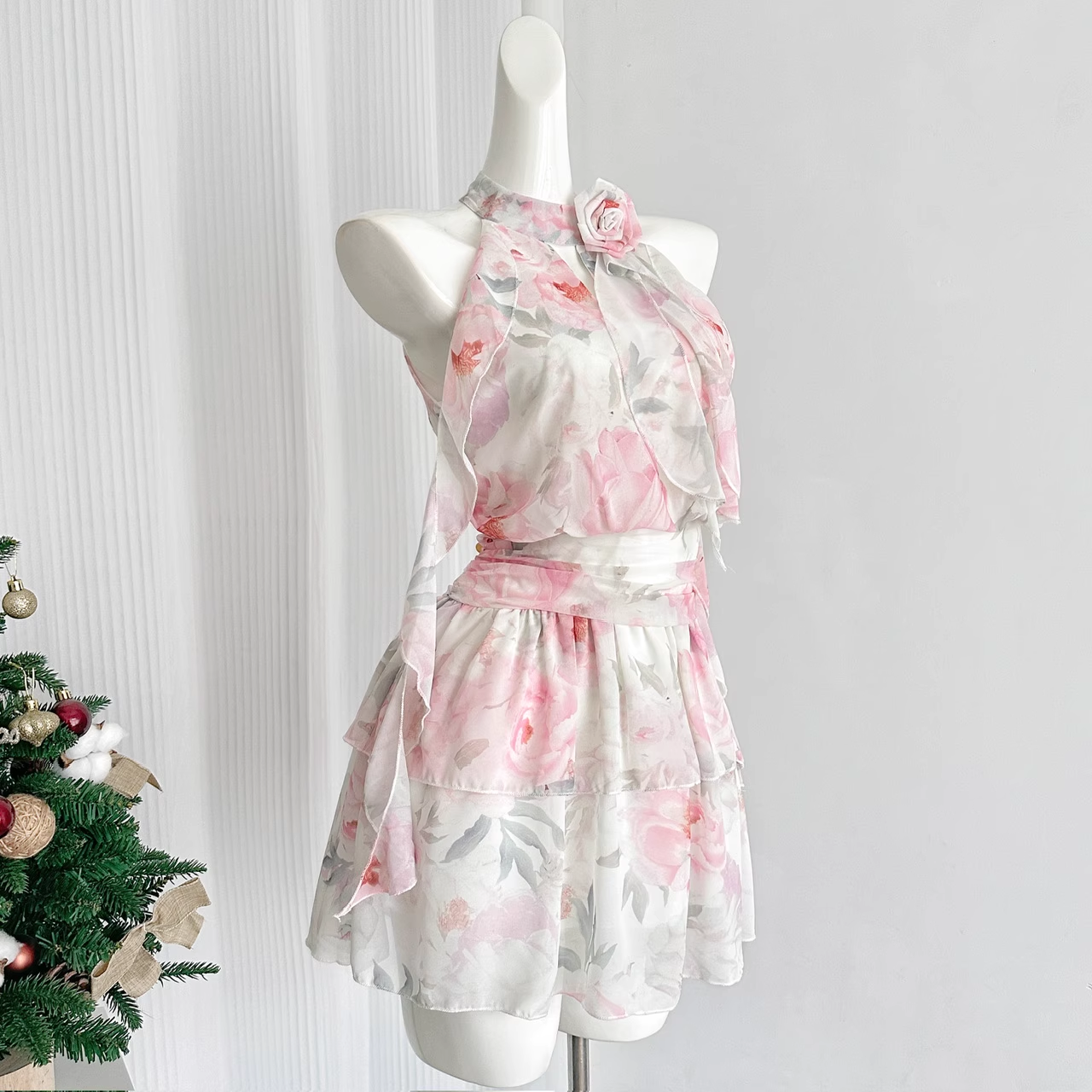Cute A line Halter Rose Flower Sleeveless Floral Pink Dress Short Holiday Dresses