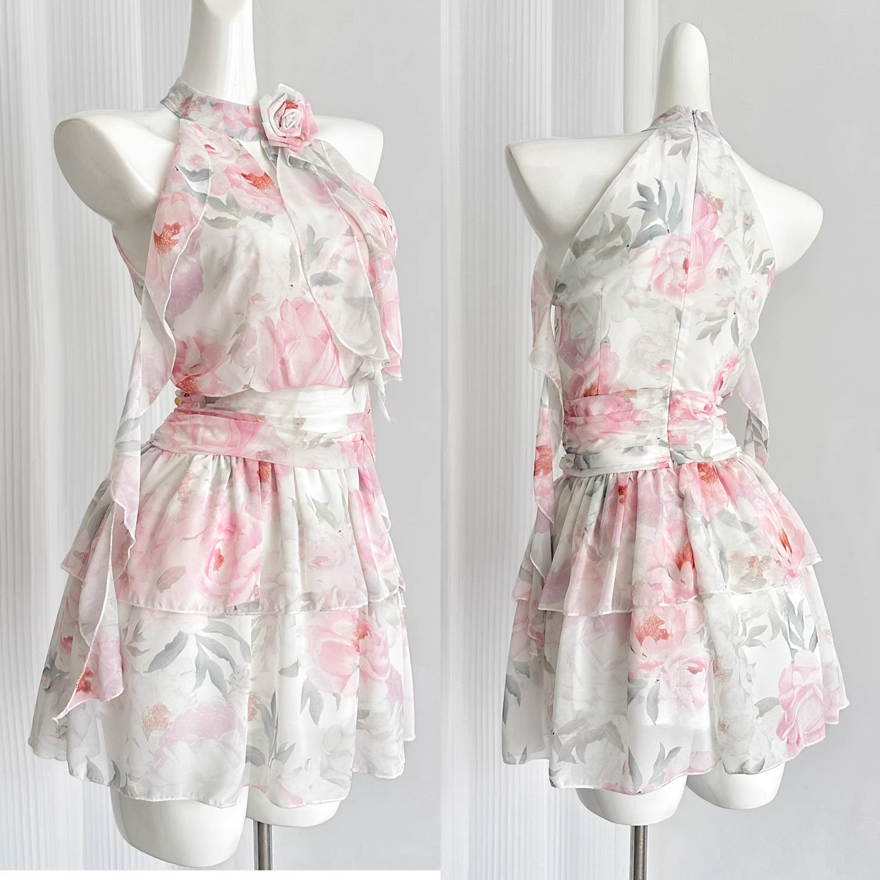 Cute A line Halter Rose Flower Sleeveless Floral Pink Dress Short Holiday Dresses