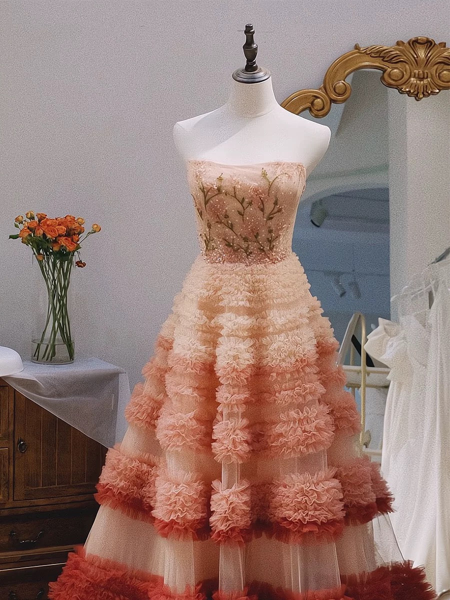 Gorgeous Balll Gown Strapless Tulle Pink Ruffles Long Evening Dress Prom Dresses