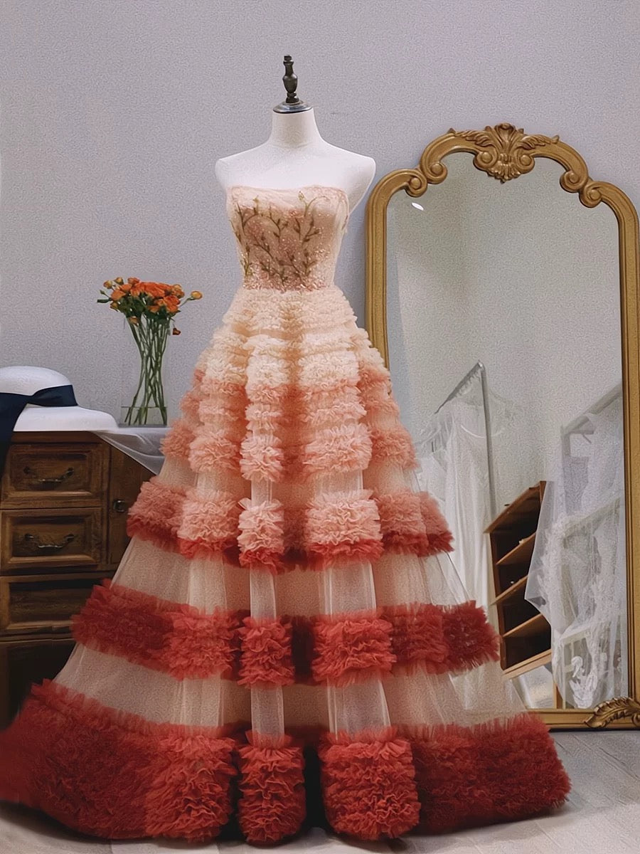Gorgeous Balll Gown Strapless Tulle Pink Ruffles Long Evening Dress Prom Dresses