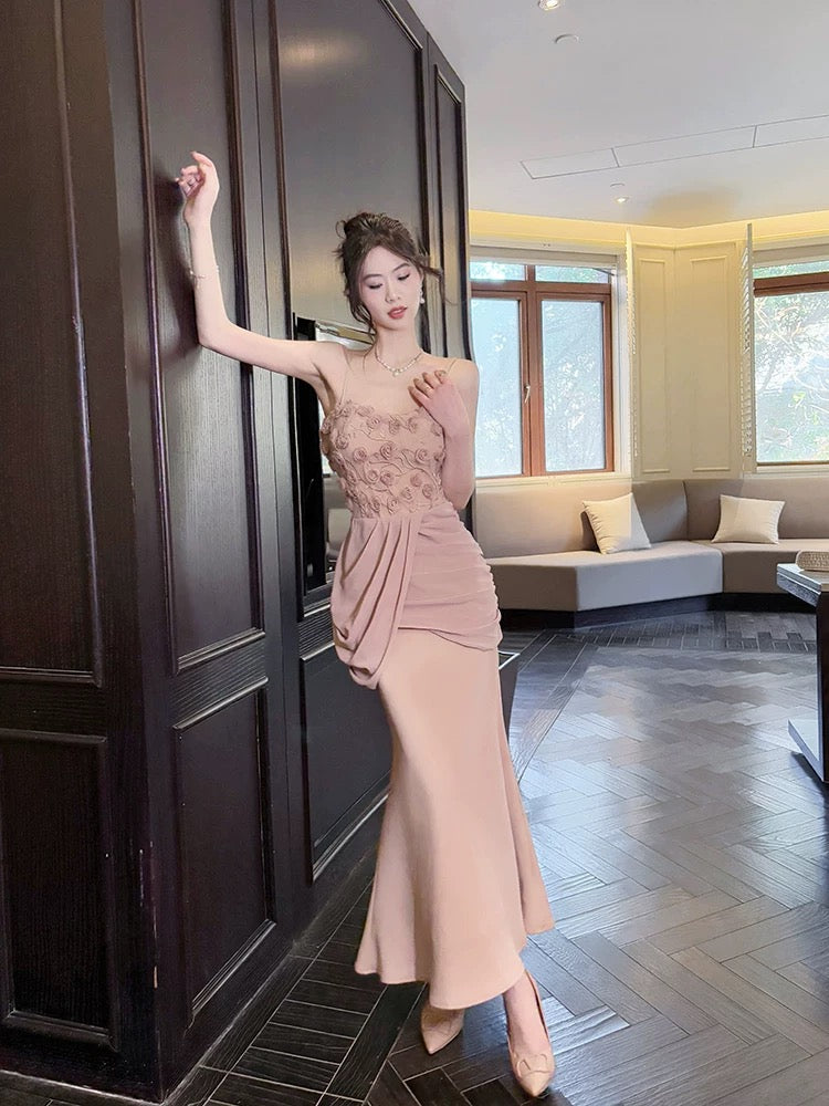 Pretty Mermaid Spaghetti Straps Pink Long Evening Dress Prom Dresses