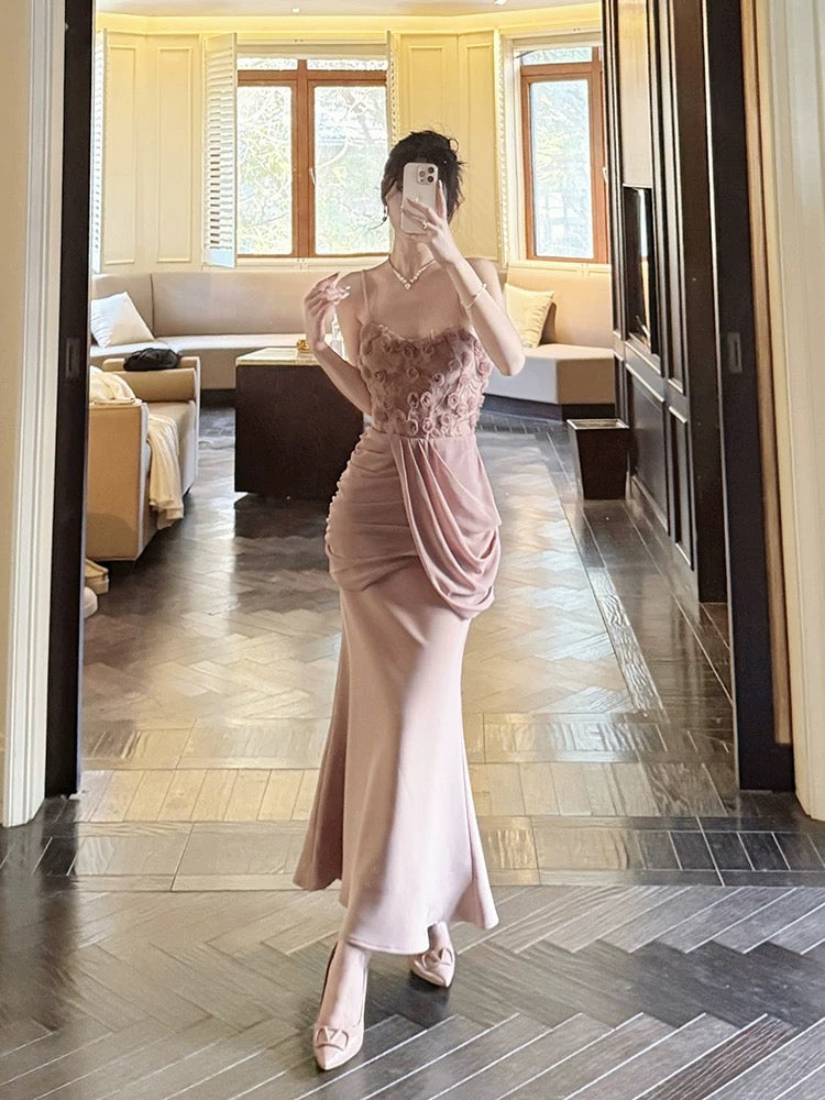 Pretty Mermaid Spaghetti Straps Pink Long Evening Dress Prom Dresses