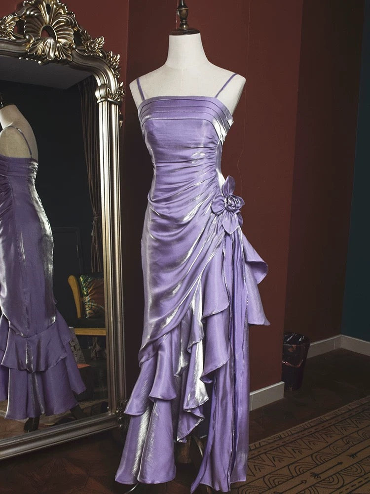 Vintage Mermaid Spaghetti Straps Satin Long Party Dress Prom Dresses