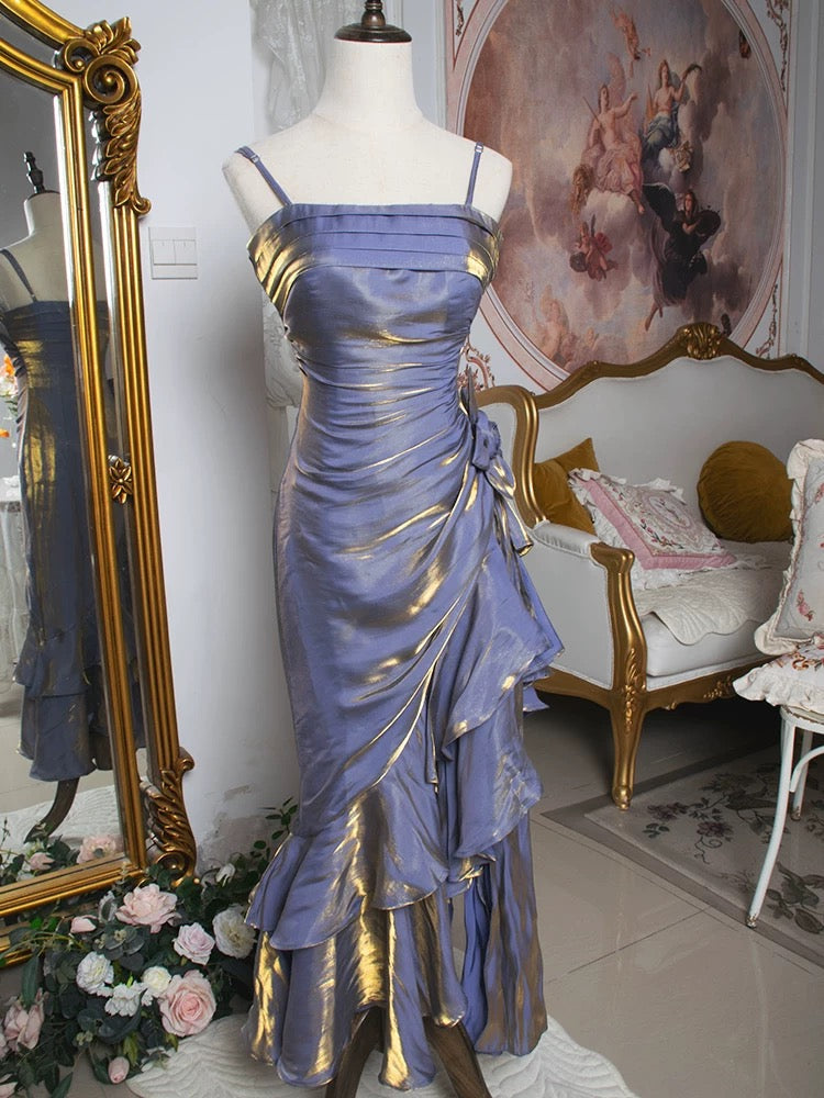 Vintage Mermaid Spaghetti Straps Satin Long Party Dress Prom Dresses