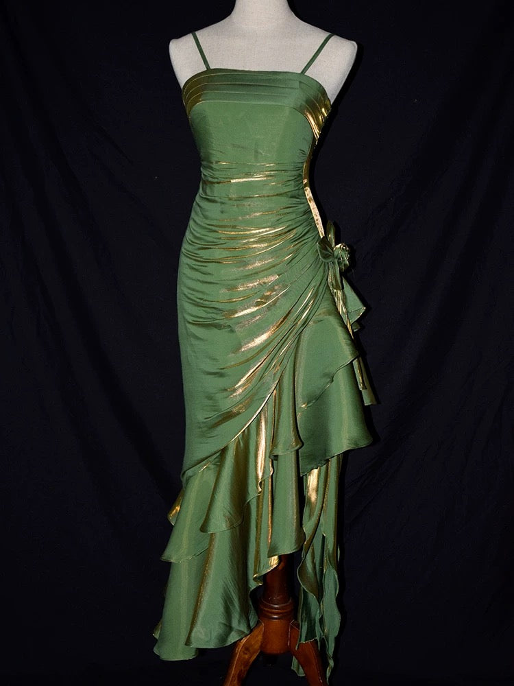 Vintage Mermaid Spaghetti Straps Satin Long Party Dress Prom Dresses