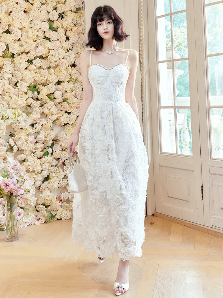 Pretty A Line Spaghetti Straps White Lace Long Length Evening Dress Prom Dresses