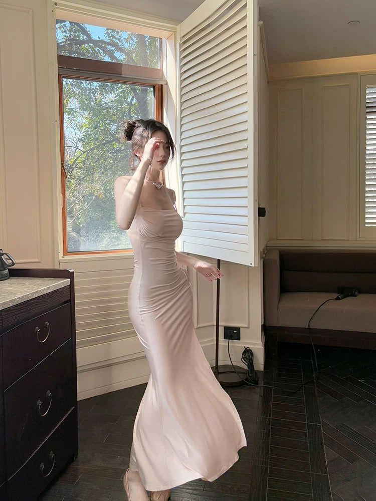 Modest Mermaid Spaghetti Straps Pink Ankle Length Evening Dress Prom Dresses
