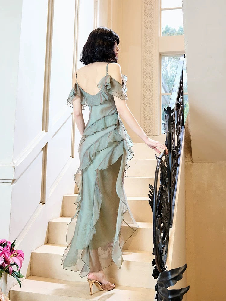 Modest Mermaid Spaghetti Straps Ruffles Long Evening Dress Prom Dresses