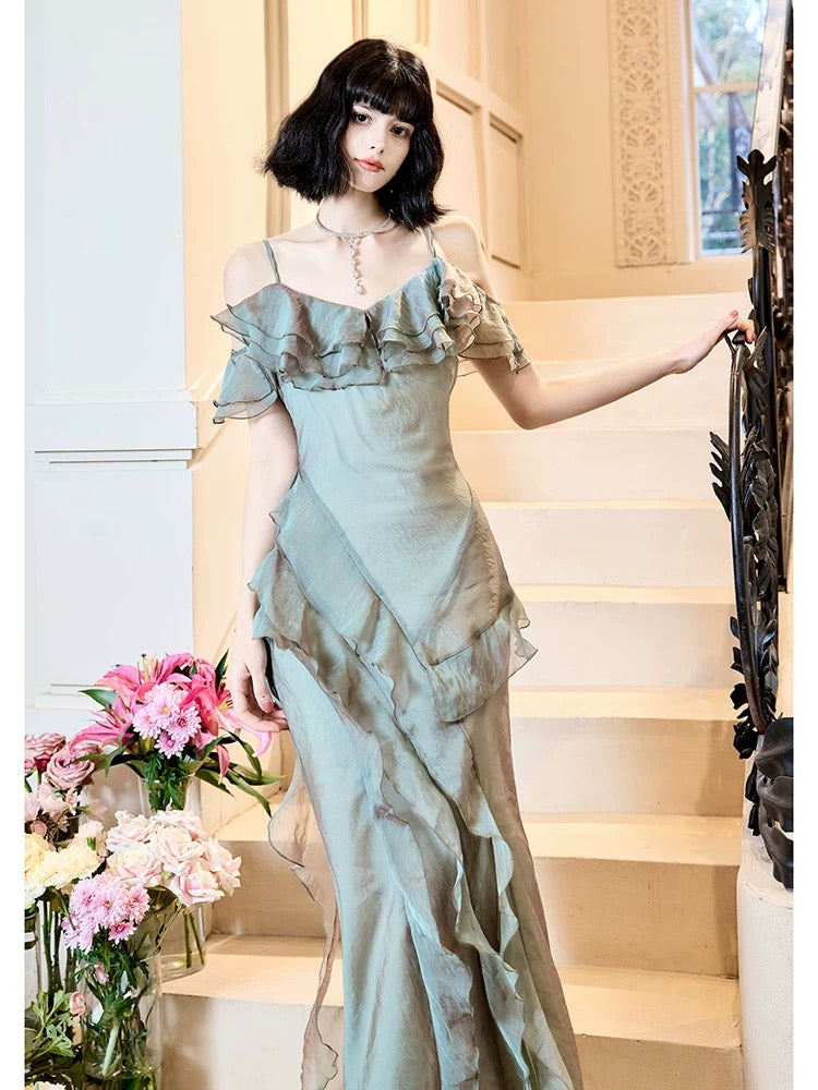 Modest Mermaid Spaghetti Straps Ruffles Long Evening Dress Prom Dresses