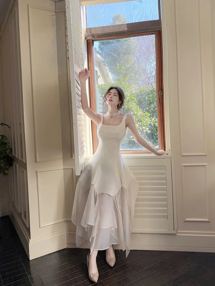 Pretty A Line Square Neckline White Ankle Length Evening Dress Prom Dresses