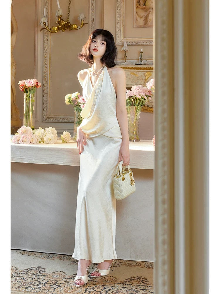 Modest Mermaid Halter Ruffles Long Evening Dress White Prom Dresses