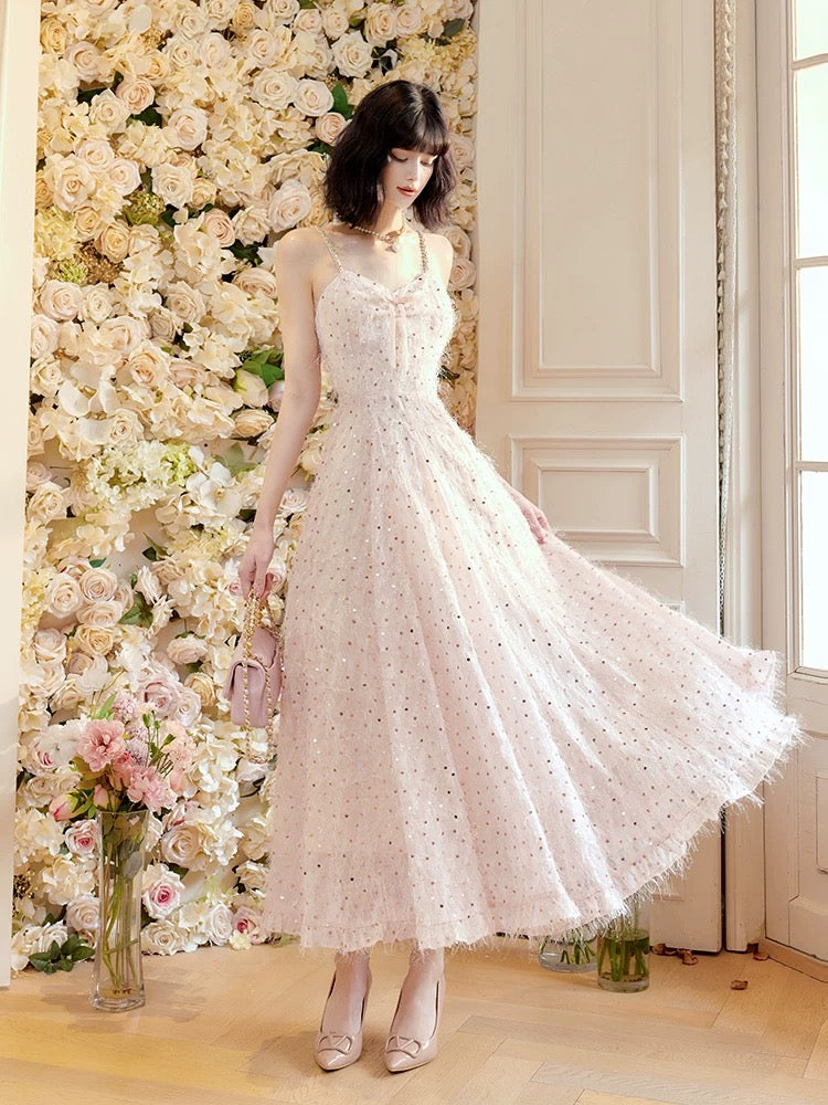 Pretty A Line Spaghetti Straps Pink Ankle Length Evening Dress Prom Dresses