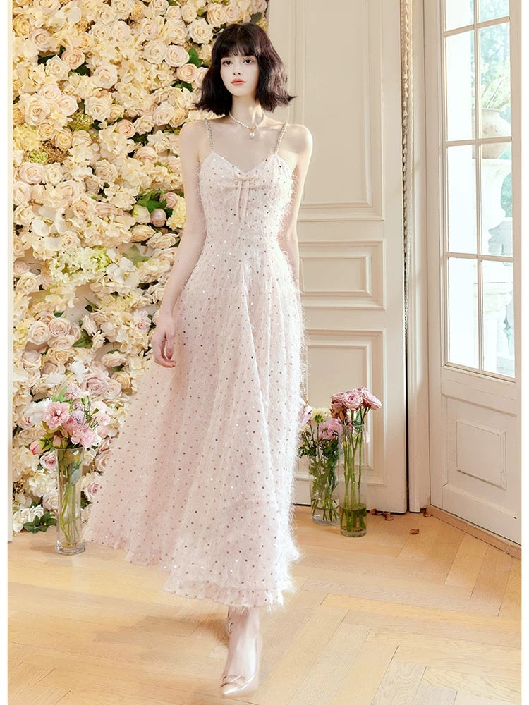 Pretty A Line Spaghetti Straps Pink Ankle Length Evening Dress Prom Dresses