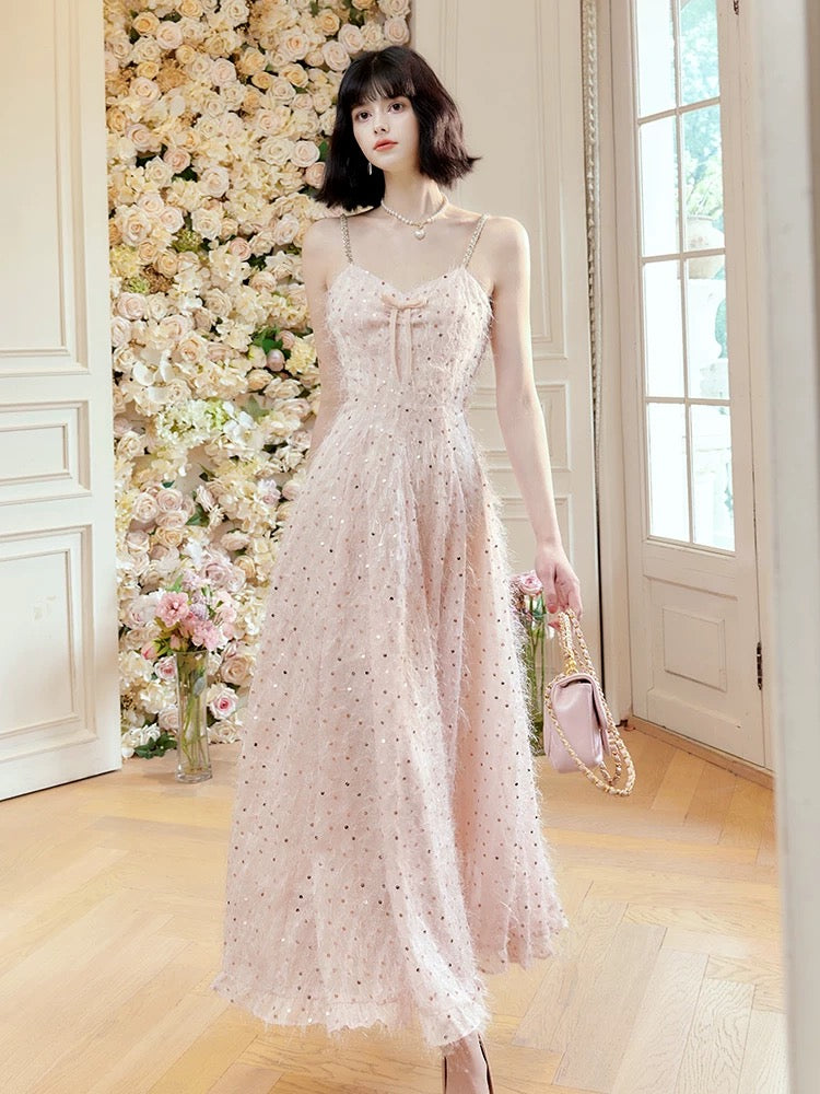 Pretty A Line Spaghetti Straps Pink Ankle Length Evening Dress Prom Dresses