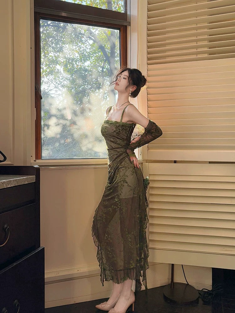 Sexy Sheath Spaghetti Straps Green Ruffles Long Evening Dress Lace Prom Dresses
