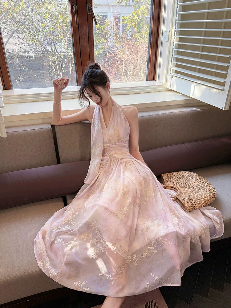 Pretty A Line Halter Pink Chiffon Floral Ankle Length Evening Dress Prom Dresses