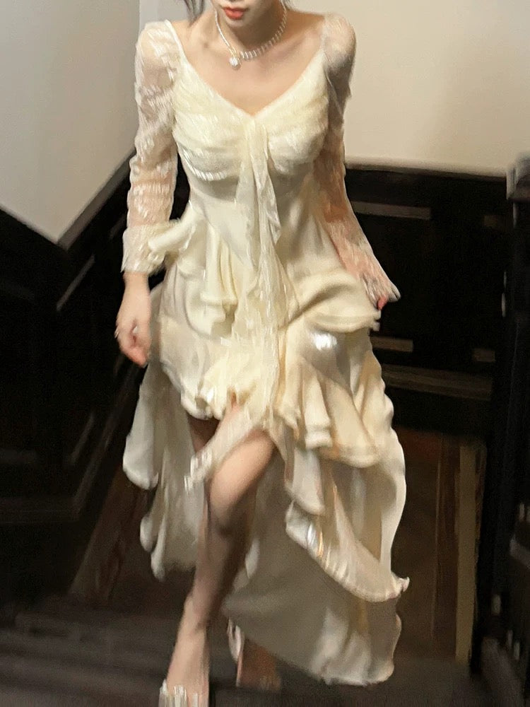 Sexy High Low V Neckline White Lace Ruffles Long Evening Dress Lace Prom Dresses