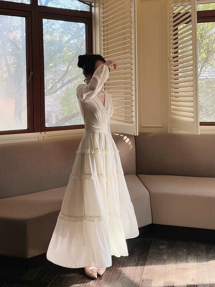 Pretty A Line V Neckline Long Sleeves Chiffon White Ankle Length Evening Dress Prom Dresses