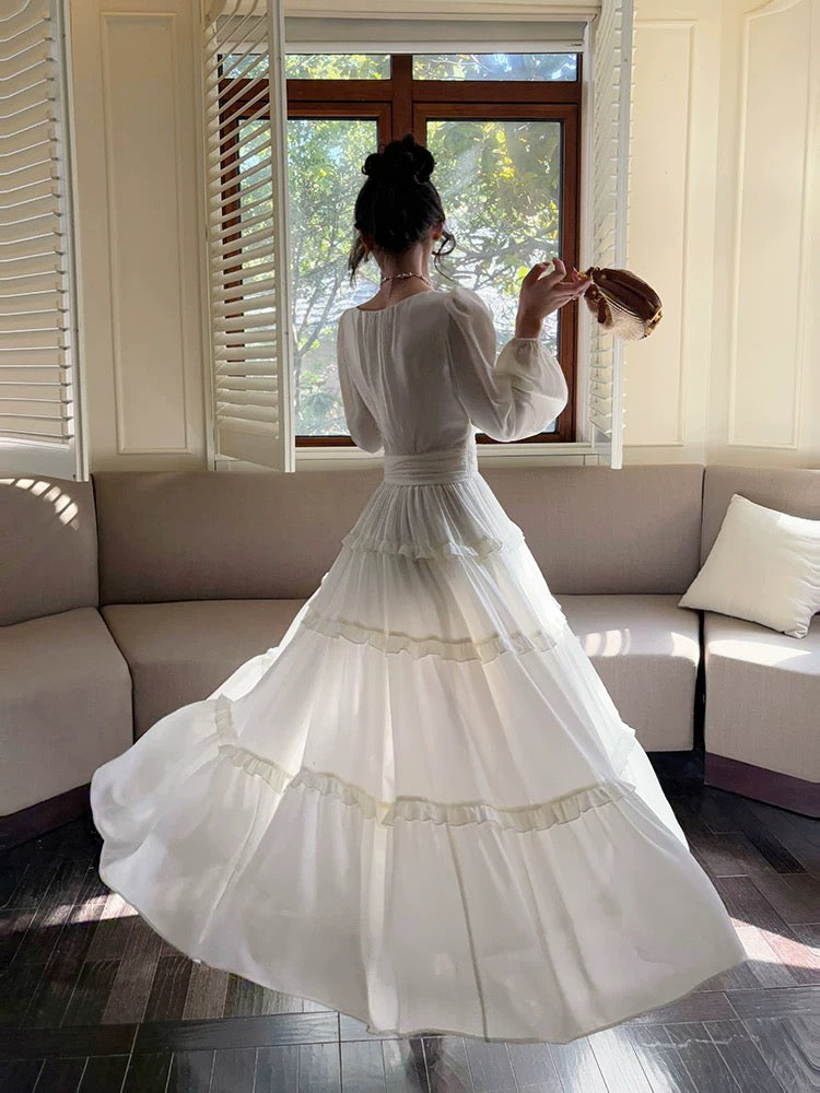 Pretty A Line V Neckline Long Sleeves Chiffon White Ankle Length Evening Dress Prom Dresses