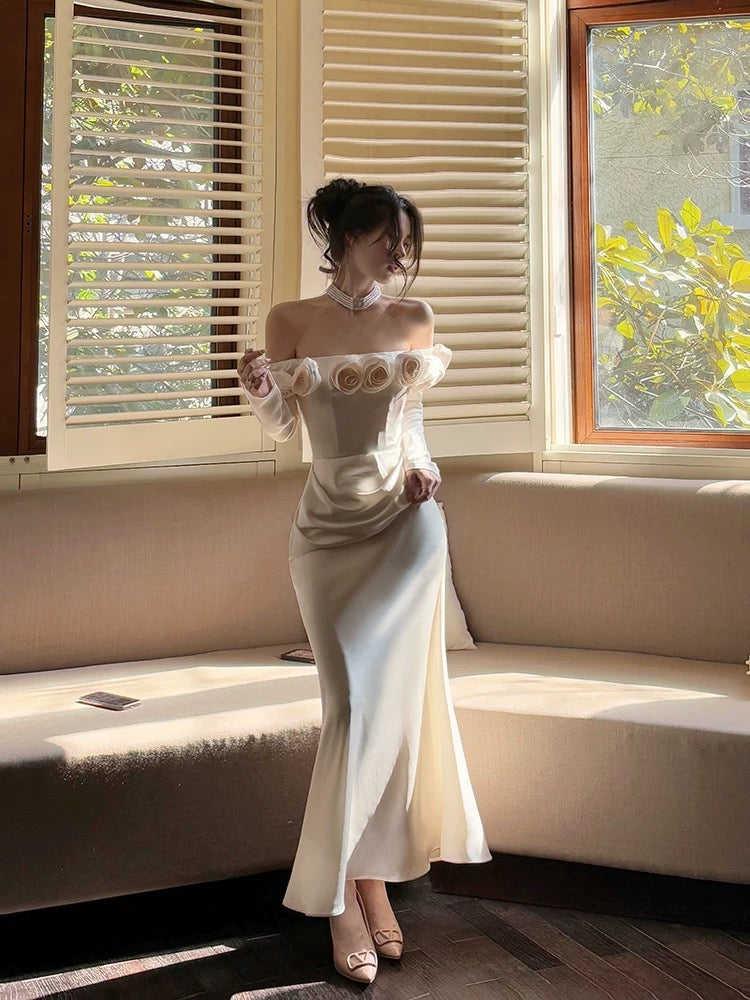 Sexy Mermaid Off The Shoulder Flowers Satin Long Evening Dress Prom Dresses
