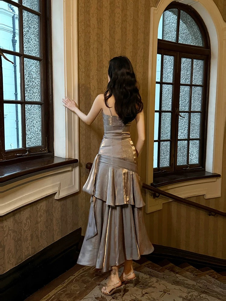 Retro Mermaid Spaghetti Straps Gray Long Length Evening Dress Prom Dresses