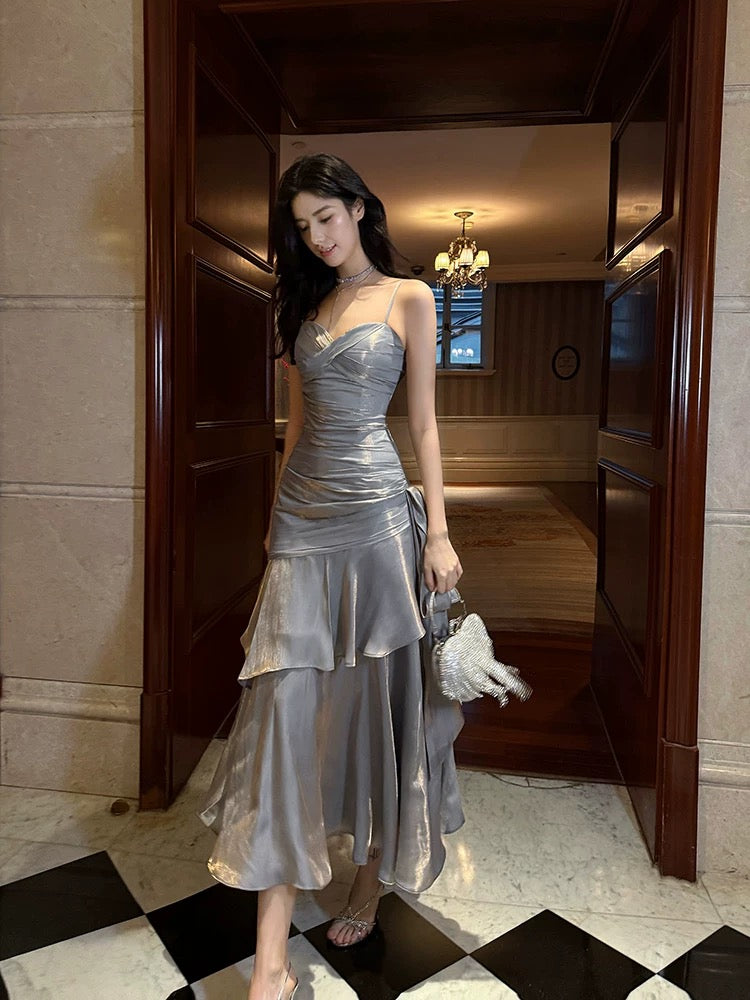Retro Mermaid Spaghetti Straps Gray Long Length Evening Dress Prom Dresses