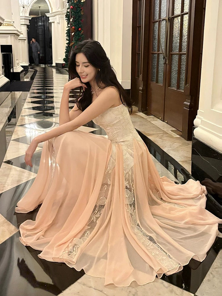 Pretty A Line Spaghetti Straps Pink Chiffon Ankle Length Evening Dress Prom Dresses