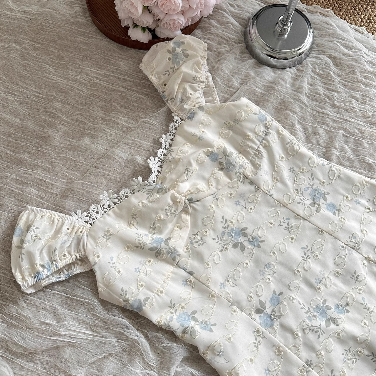 Cute A line Sweetheart Cap Sleeves Blue Floral Dress Long Holiday Dresses