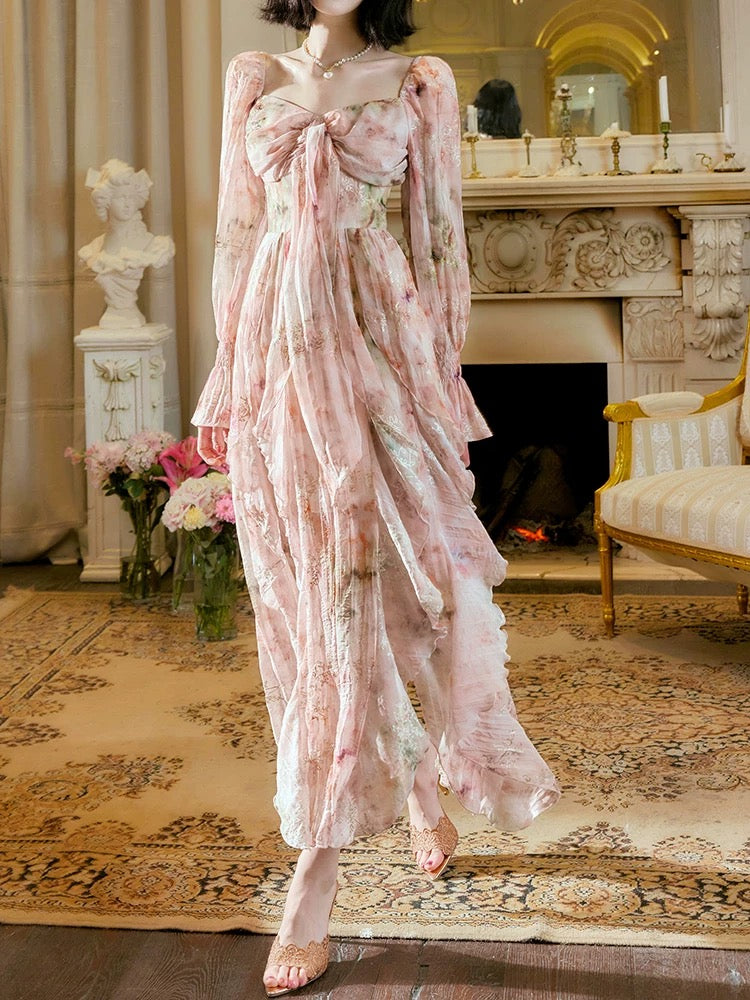Pretty A Line Sweetheart Long Sleeves Pink Floral Chiffon Ankle Length Evening Dress Prom Dresses