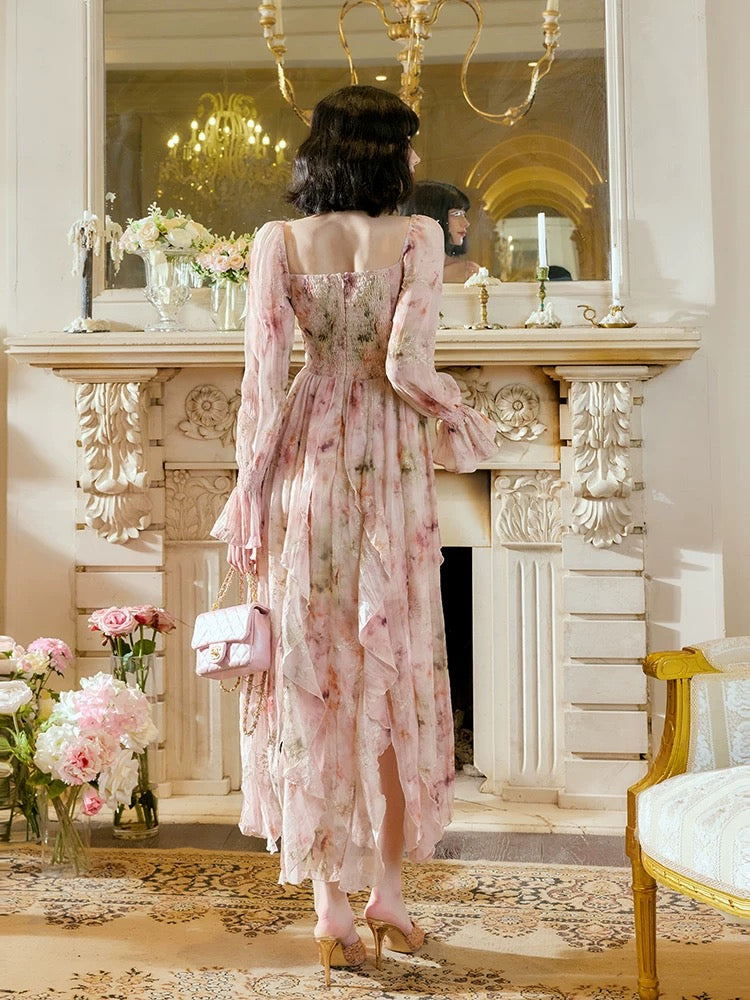 Pretty A Line Sweetheart Long Sleeves Pink Floral Chiffon Ankle Length Evening Dress Prom Dresses