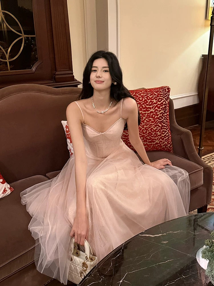 Pretty A Line Spaghetti Straps Tulle Pink Ankle Length Evening Dress Prom Dresses