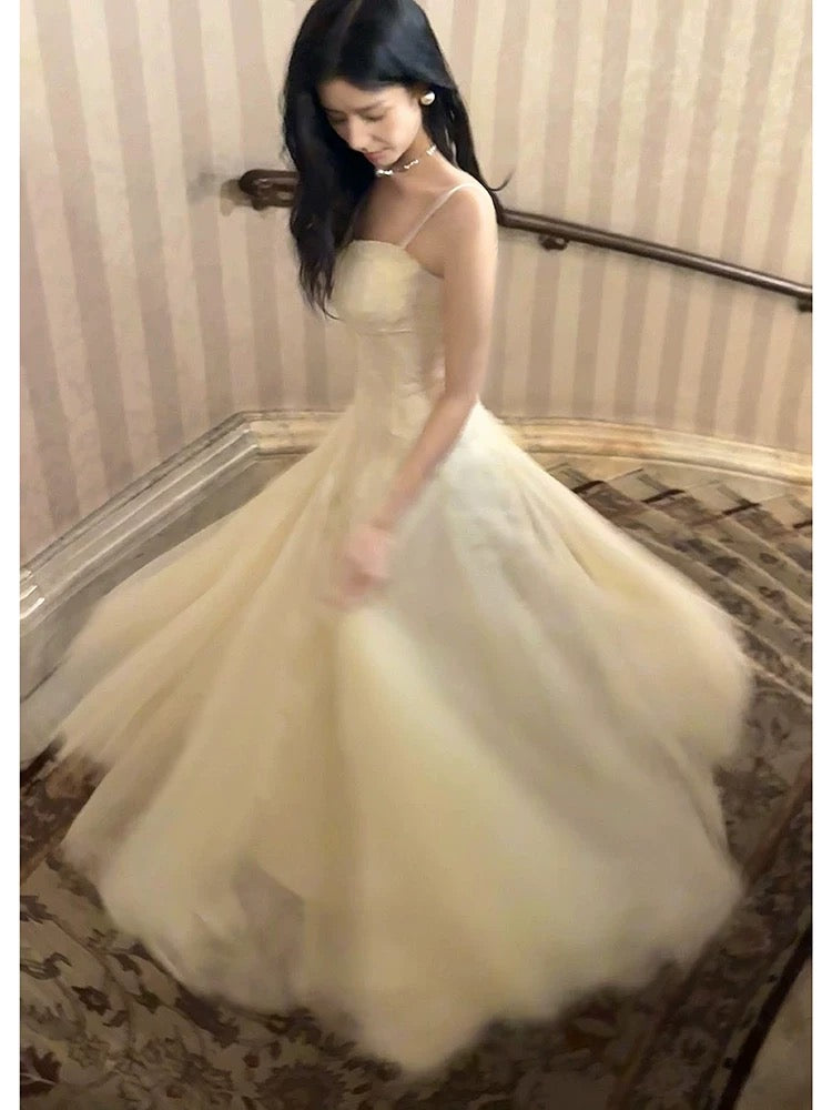 Pretty A Line Spaghetti Straps Tulle Chamapgne Ankle Length Evening Dress Prom Dresses