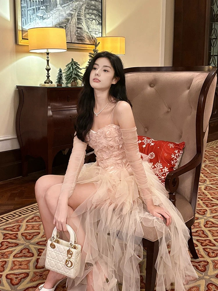Pretty High Low Spaghetti Straps Tulle Pink Floral Ankle Length Evening Dress Prom Dresses