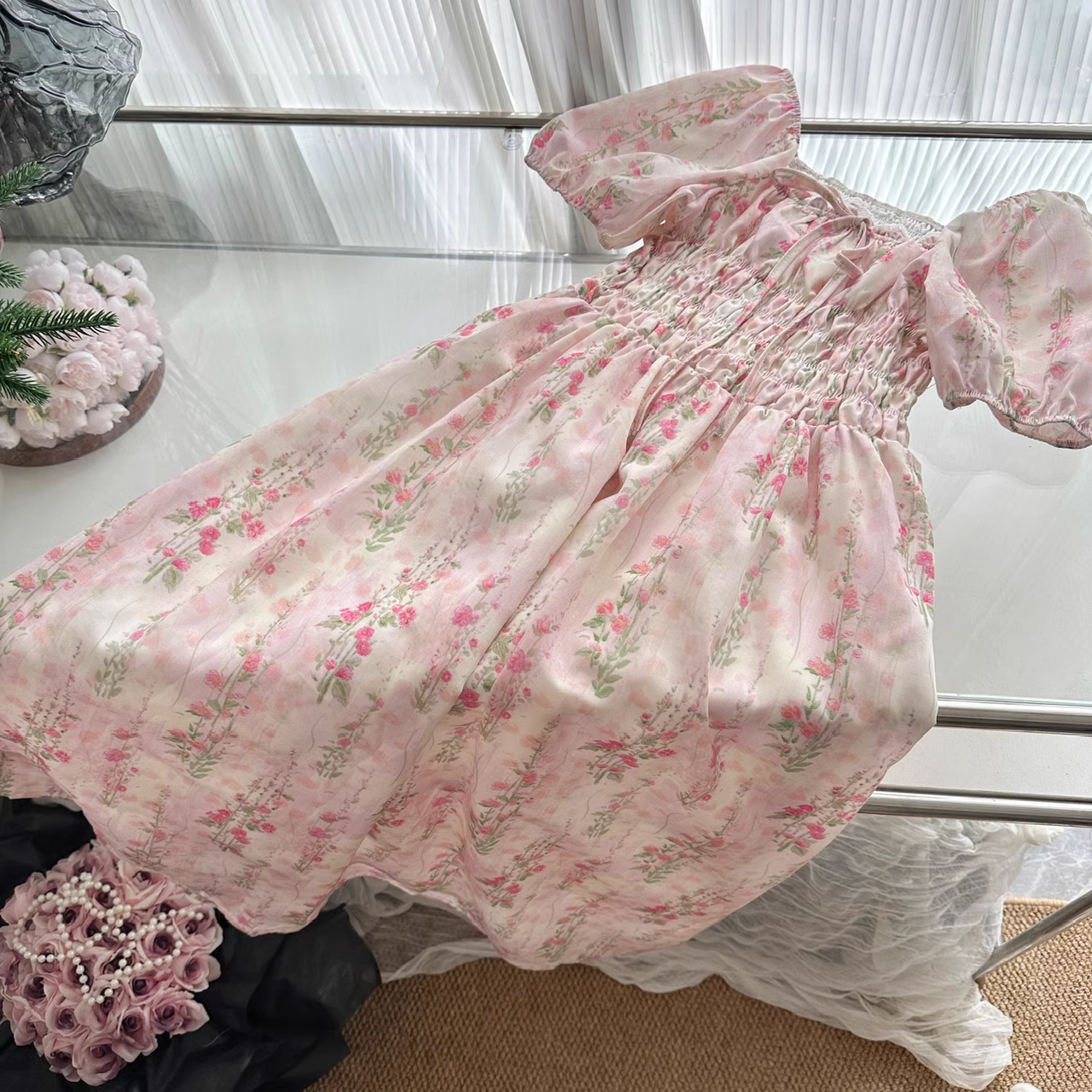 Cute A line Strapless Short Sleeves Pink Floral Dress Long Holiday Dresses