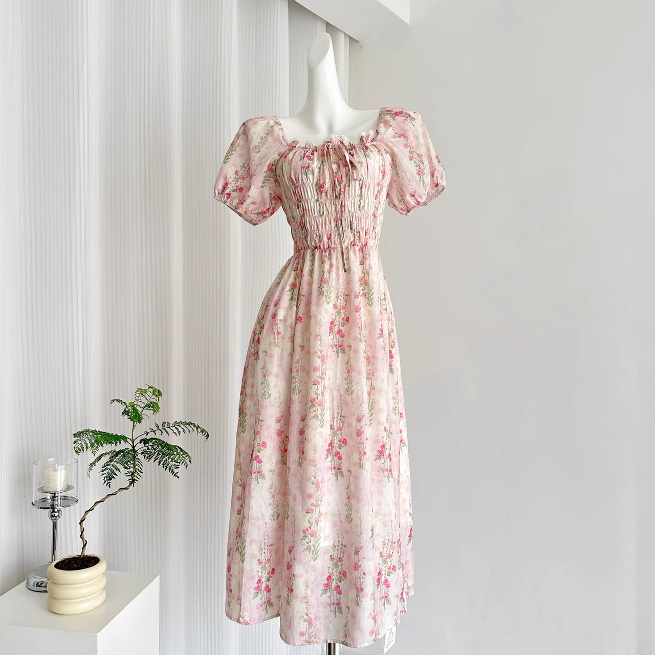 Cute A line Strapless Short Sleeves Pink Floral Dress Long Holiday Dresses