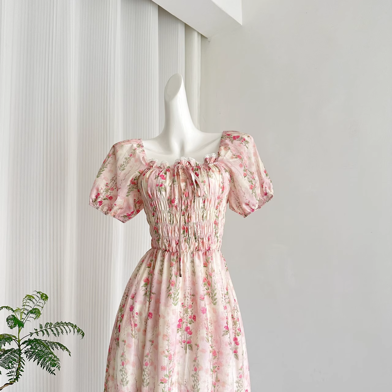 Cute A line Strapless Short Sleeves Pink Floral Dress Long Holiday Dresses