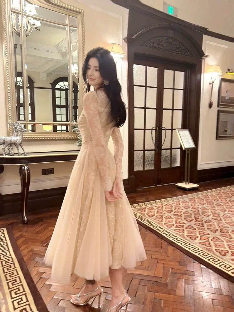 Modest A line V Neckline Lace Ankle Length Evening Dress Prom Dresses