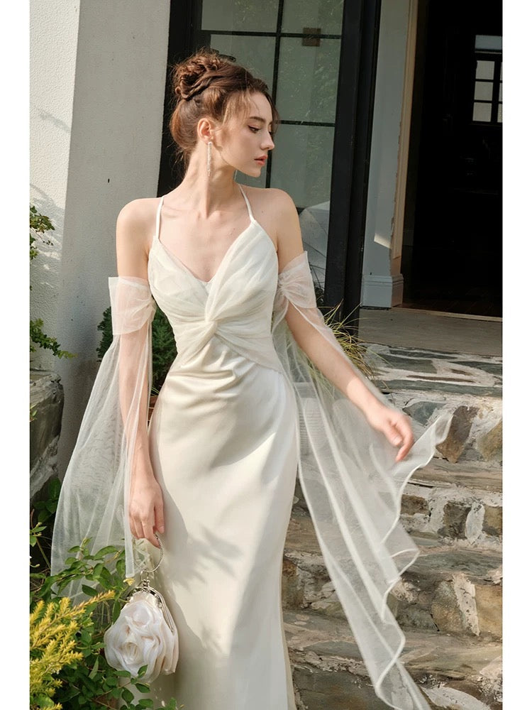 Pretty Mermaid Spaghetti Straps White Ankle Length Evening Dress Prom Dresses