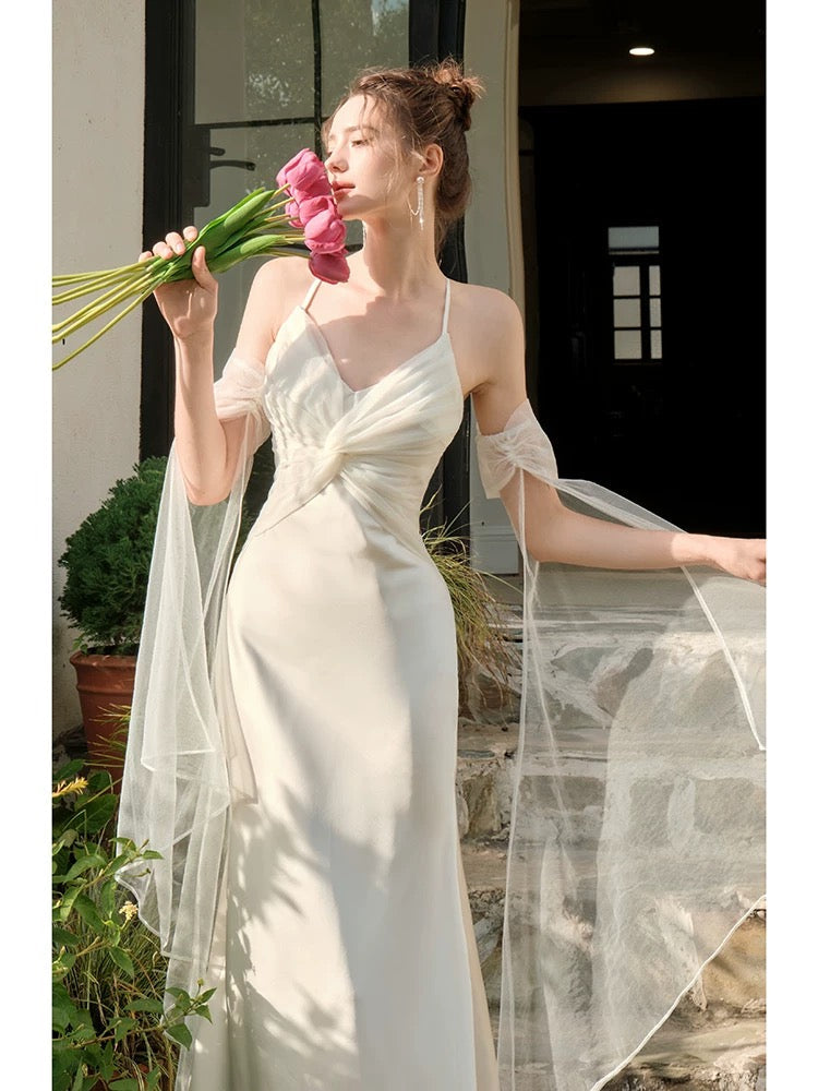 Pretty Mermaid Spaghetti Straps White Ankle Length Evening Dress Prom Dresses