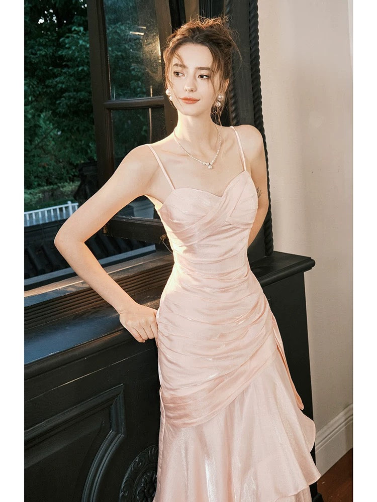 Retro Mermaid Spaghetti Straps Long Length Blush Pink Evening Dress Prom Dresses