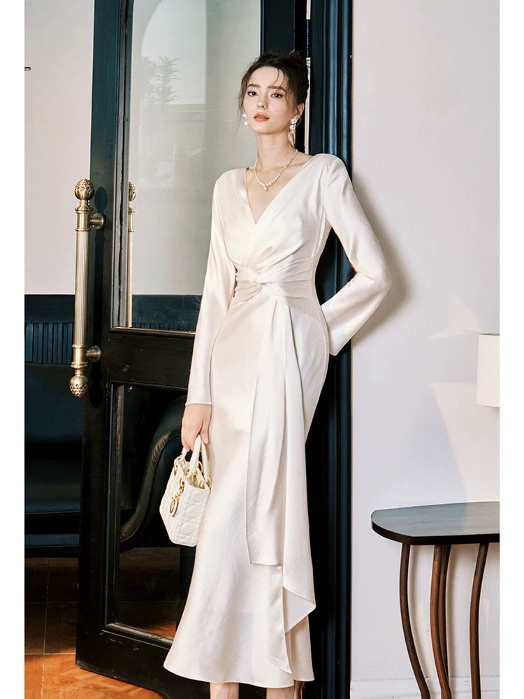 Modest Mermaid V Neckline Satin Ankle Length Evening Dress Prom Dresses
