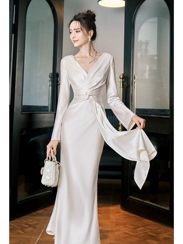 Modest Mermaid V Neckline Satin Ankle Length Evening Dress Prom Dresses
