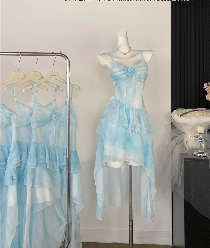 Sexy High Low Spaghetti Straps Ice Blue Ombre Dress Beach Holiday Dresses