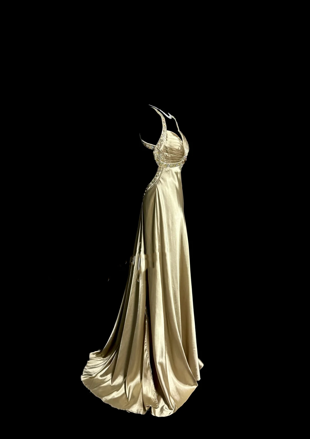 Aesthetic A line Halter Neckline Champagne Satin Prom Dress Ruffle Long Party Dress