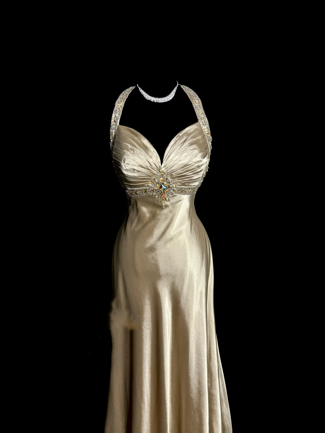 Aesthetic A line Halter Neckline Champagne Satin Prom Dress Ruffle Long Party Dress
