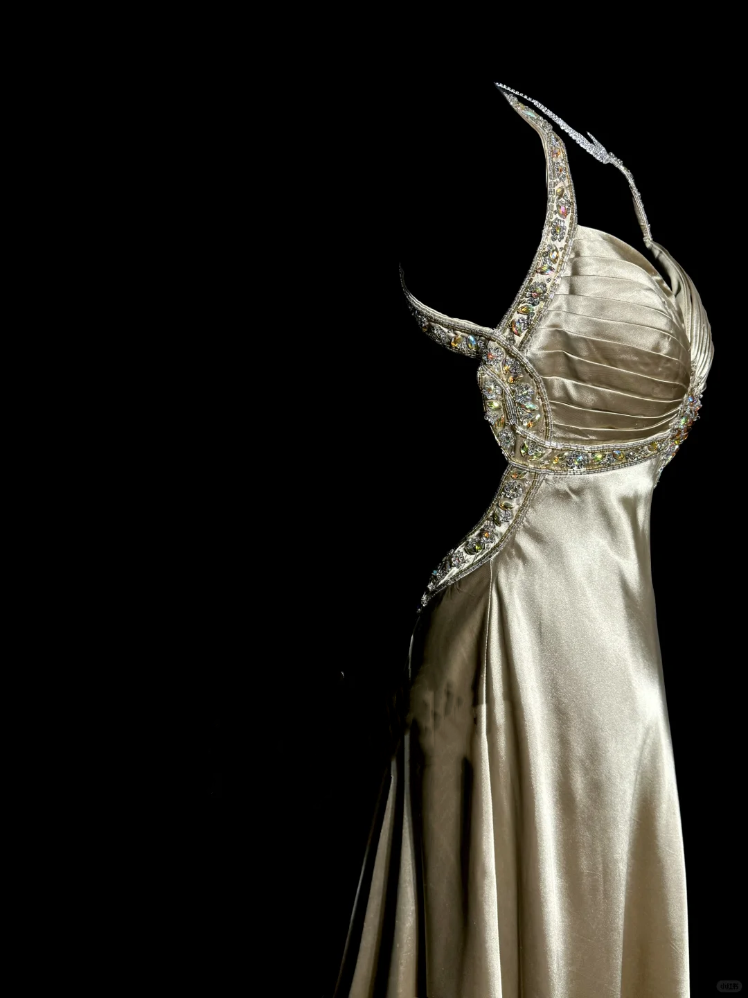 Aesthetic A line Halter Neckline Champagne Satin Prom Dress Ruffle Long Party Dress