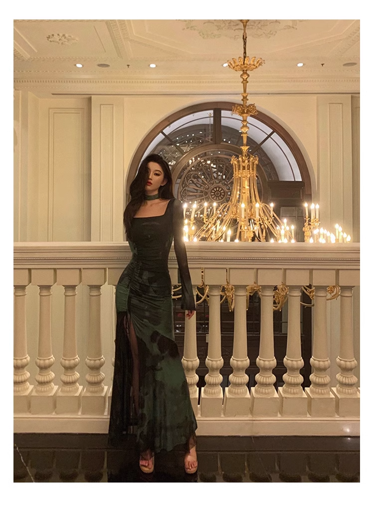 Chic Sheath Square Neckline Long Sleeves Green Long Prom Dresses Birthday Dress