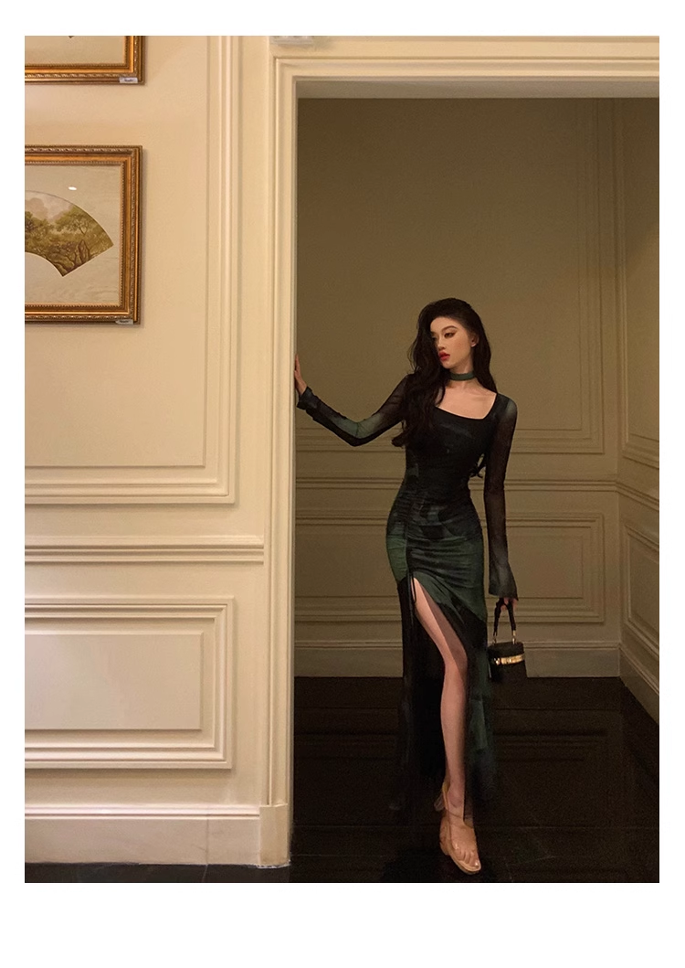 Chic Sheath Square Neckline Long Sleeves Green Long Prom Dresses Birthday Dress