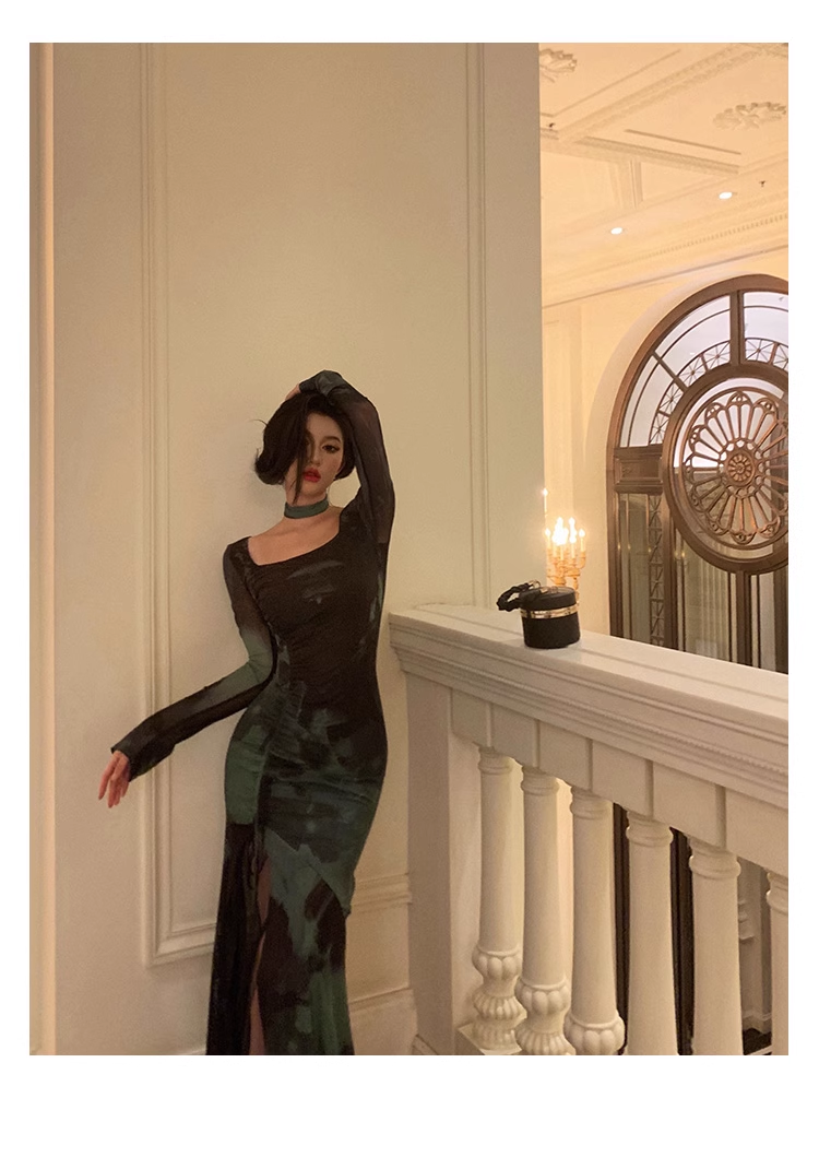 Chic Sheath Square Neckline Long Sleeves Green Long Prom Dresses Birthday Dress