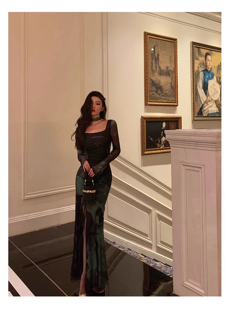 Chic Sheath Square Neckline Long Sleeves Green Long Prom Dresses Birthday Dress